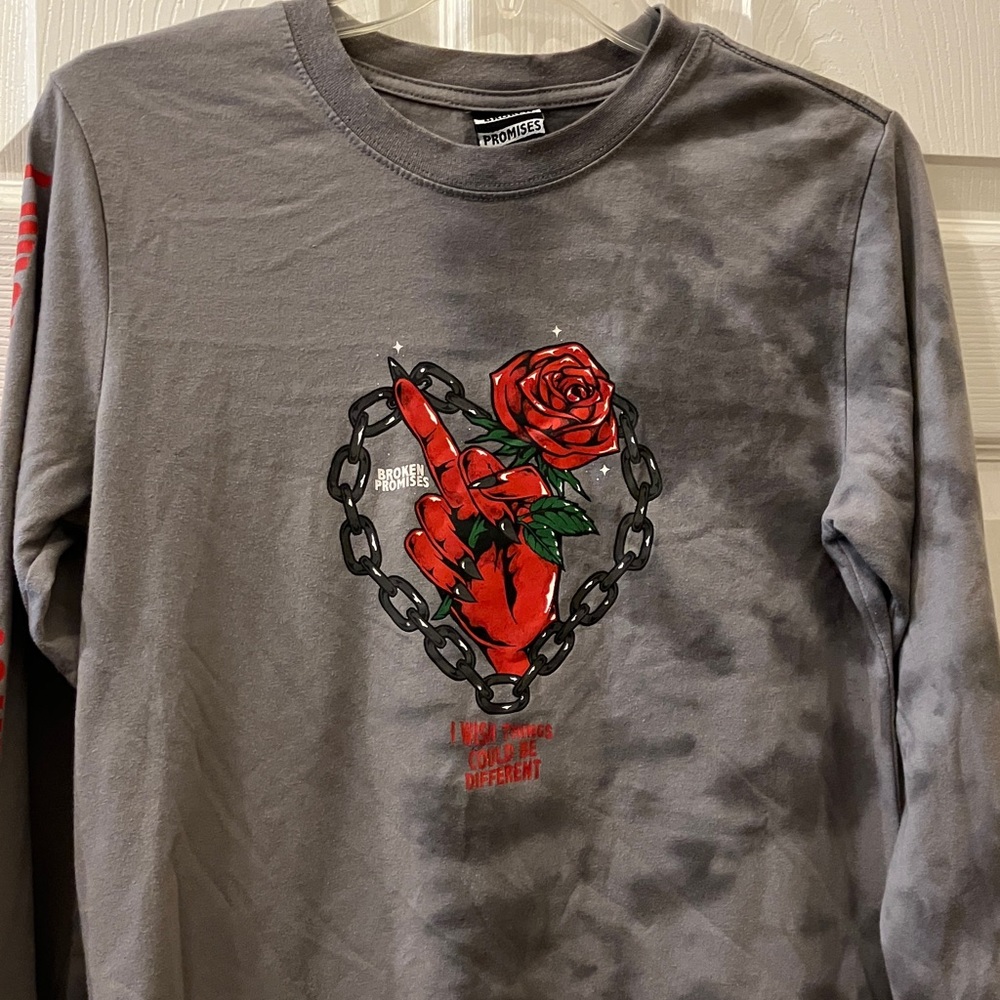 Gray Tie-Dye Long Sleeve Tee with Red Rose Graphic - Picture 2 of 7